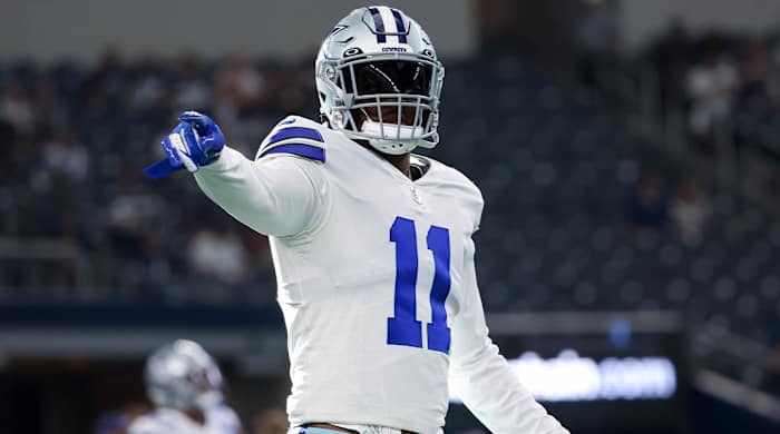 Aug 26, 2022; Arlington, Texas, USA; Dallas Cowboys linebacker Micah Parsons (11) warms up before the game against the Seattle Seahawks at AT&T Stadium.